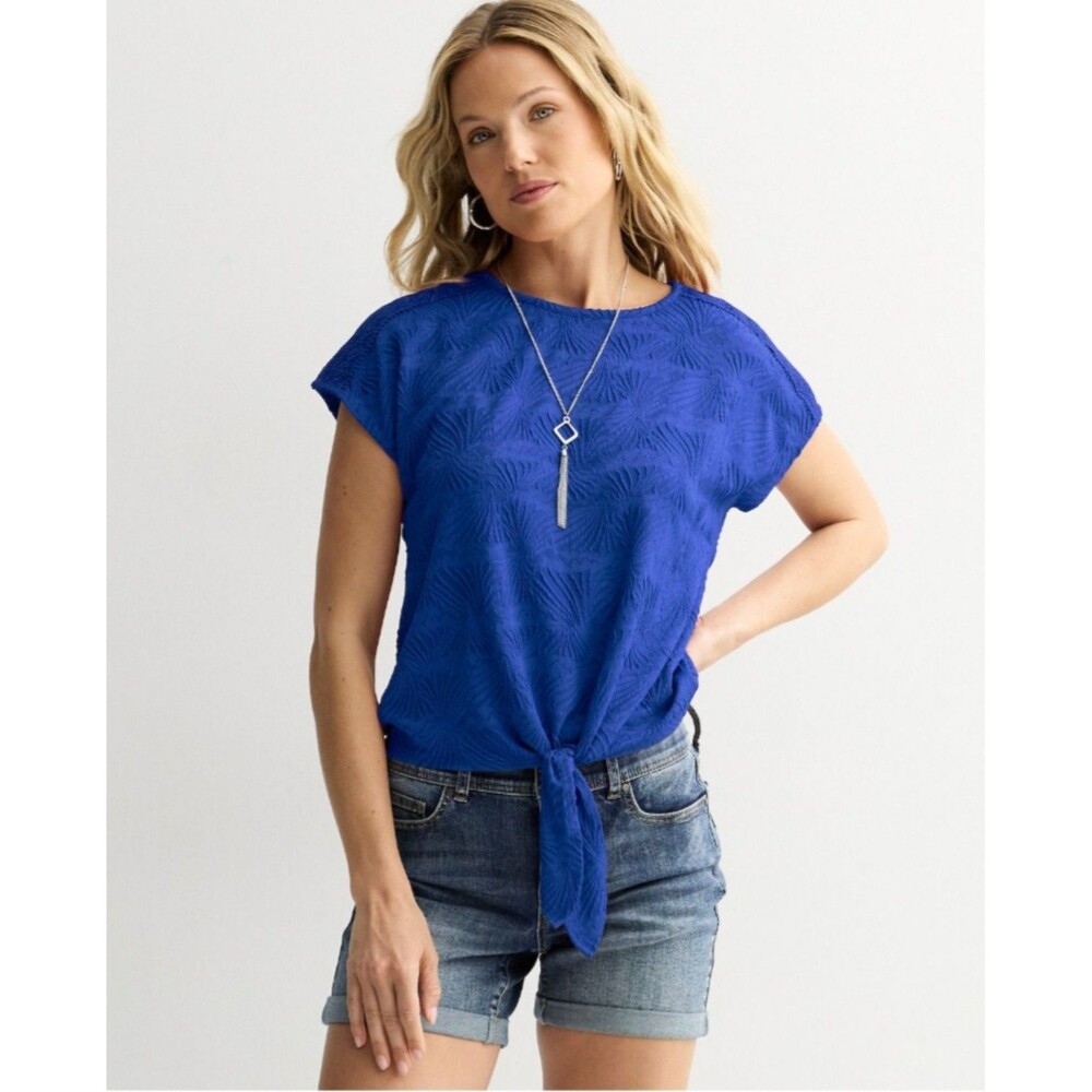 NWT Modest Chic Cobalt Blue Dolman Sleeve Tie Front Blouse w/ Necklace S Career
